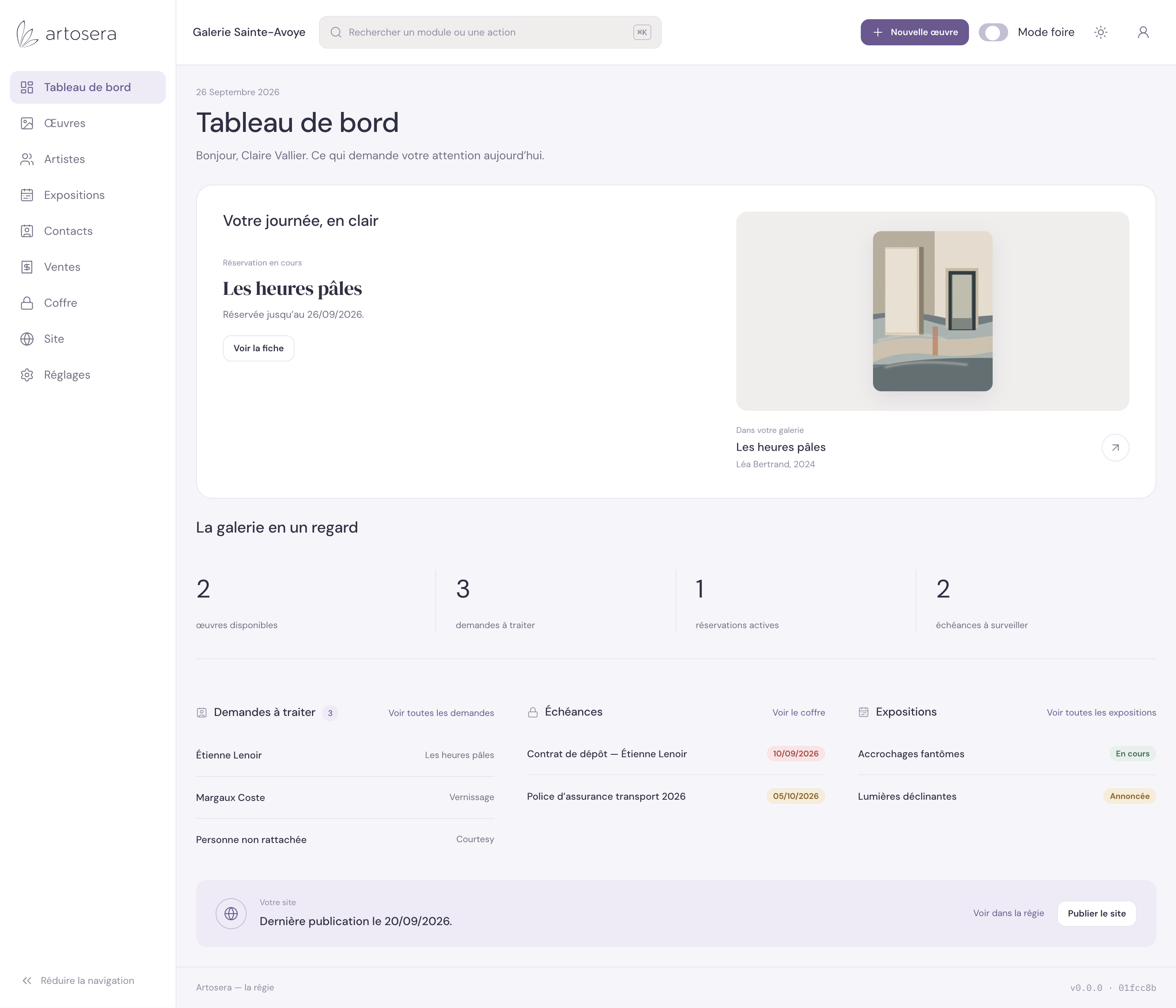 Le tableau de bord d’Artosera : la réservation en cours de l’œuvre « Les heures pâles » avec son visuel, puis les œuvres disponibles, les demandes à traiter, les réservations actives, les échéances du coffre et les expositions.