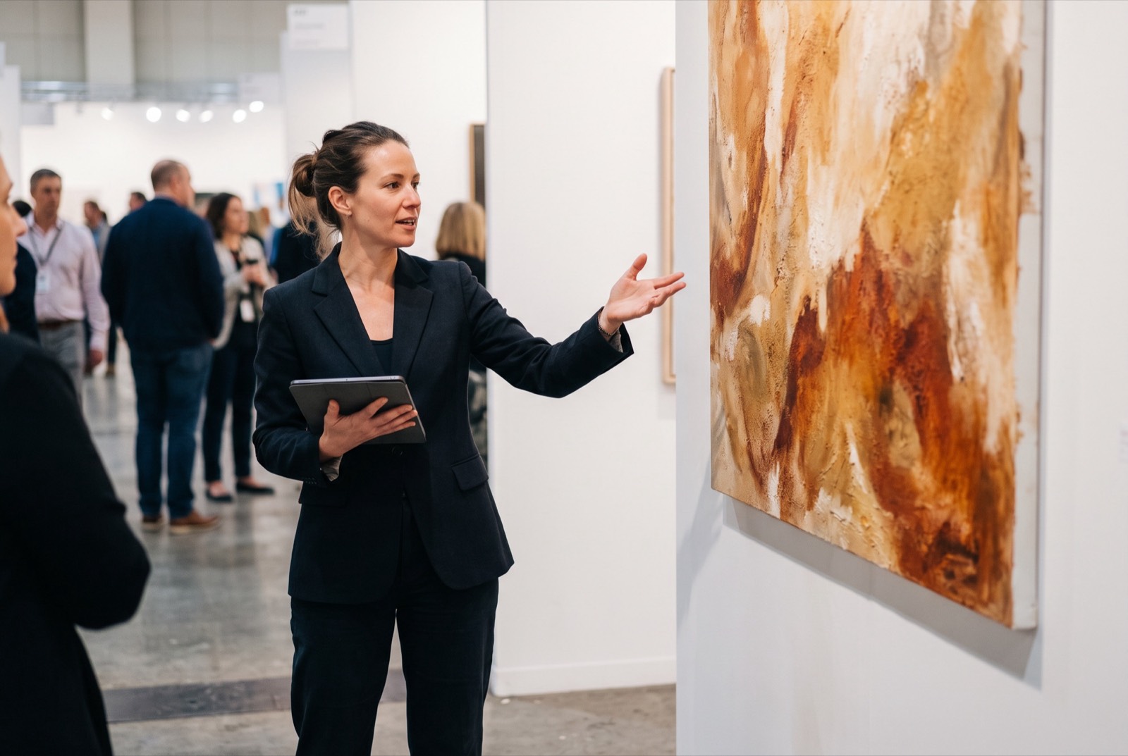 Un galeriste de la Maison Vallier sur un stand de foire d’art, tableaux accrochés en arrière-plan